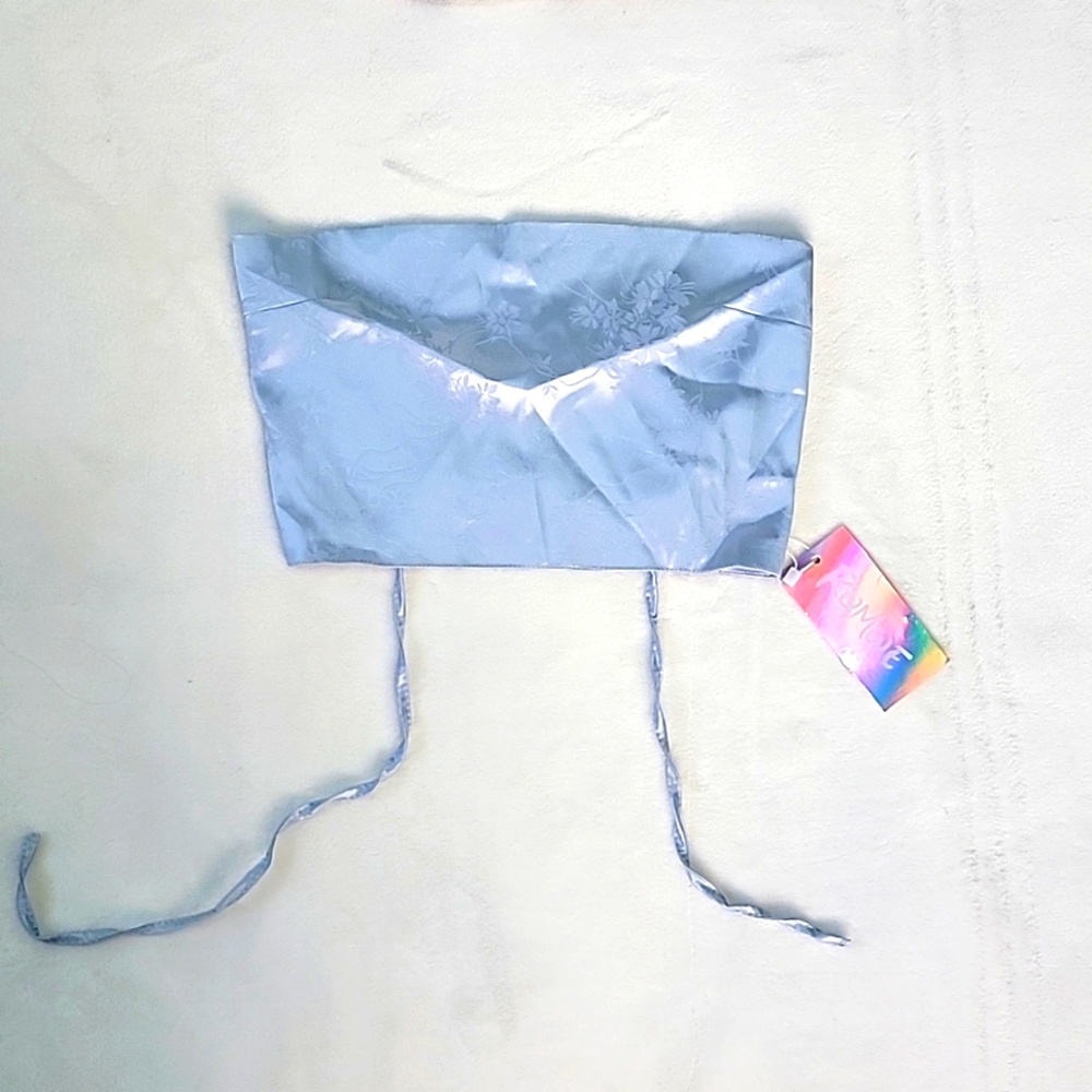 NWT!! 🦋 BLUE SILK SATIN FLORAL CROSS CUT OUT TIE BACK CORSET CROP TUBE